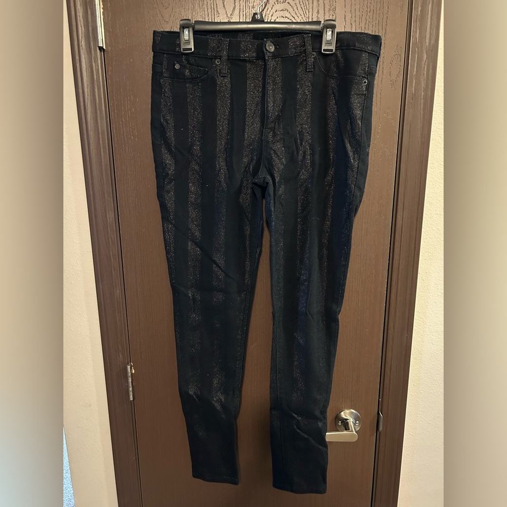 Hudson Black Metallic Stripe Nico Mid Rise Super Skinny Stretch Denim 32